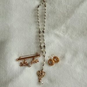 Necklace, Earrings, Brooch Gold Tone with faux Pearl accents